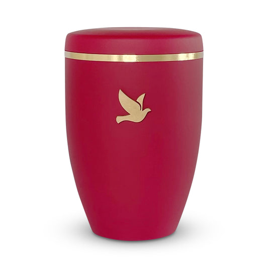 Beautiful red cremation urn with elegant golden dove symbol.