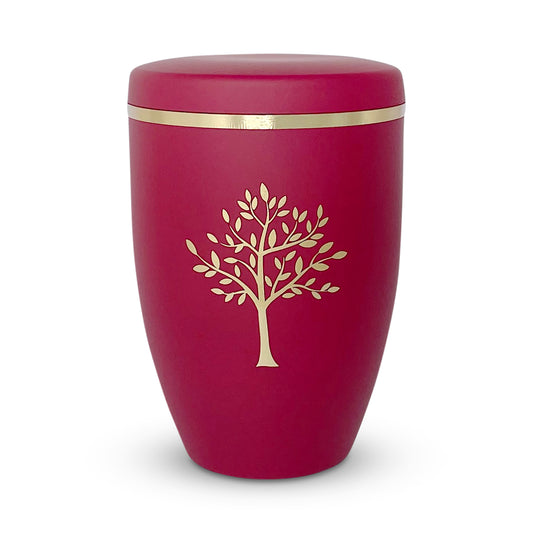 Stunning red funeral urn with a golden tree of life. Stunning with red roses.