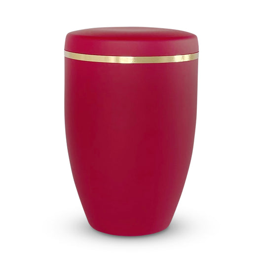 Stunning ruby red funeral urn with a delicate gold band.