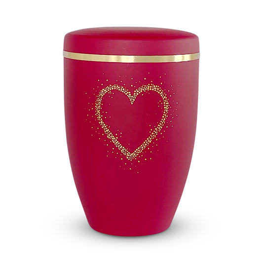Beautiful red funeral urn with a golden heart handpainted in dot art.