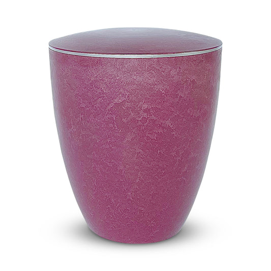 Beautiful rose coloured urn fur ashes with an elegant silver band.