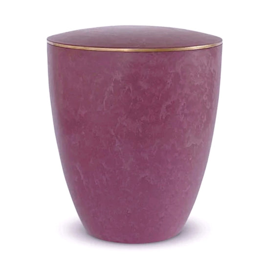 Elegant vibrant rose coloured urn for ashes with a delicate gold ring.