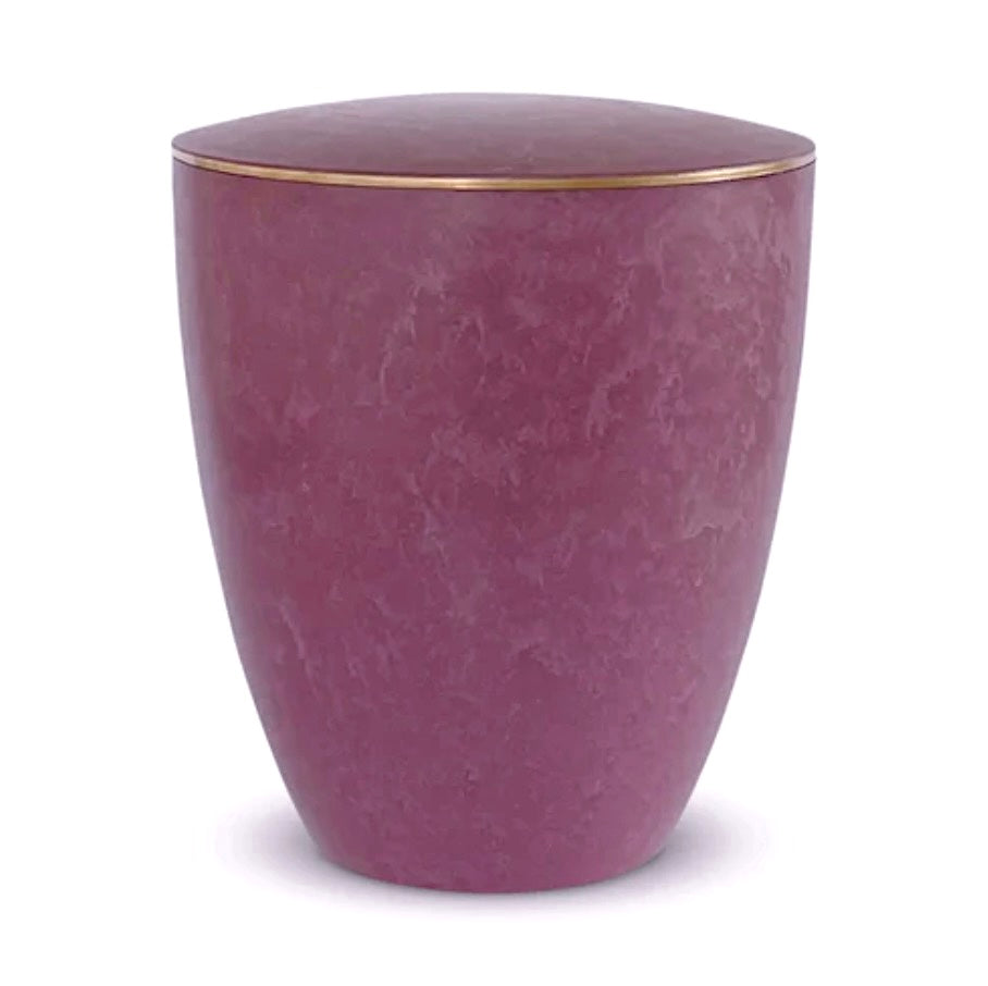 Elegant vibrant rose coloured urn for ashes with a delicate gold ring.