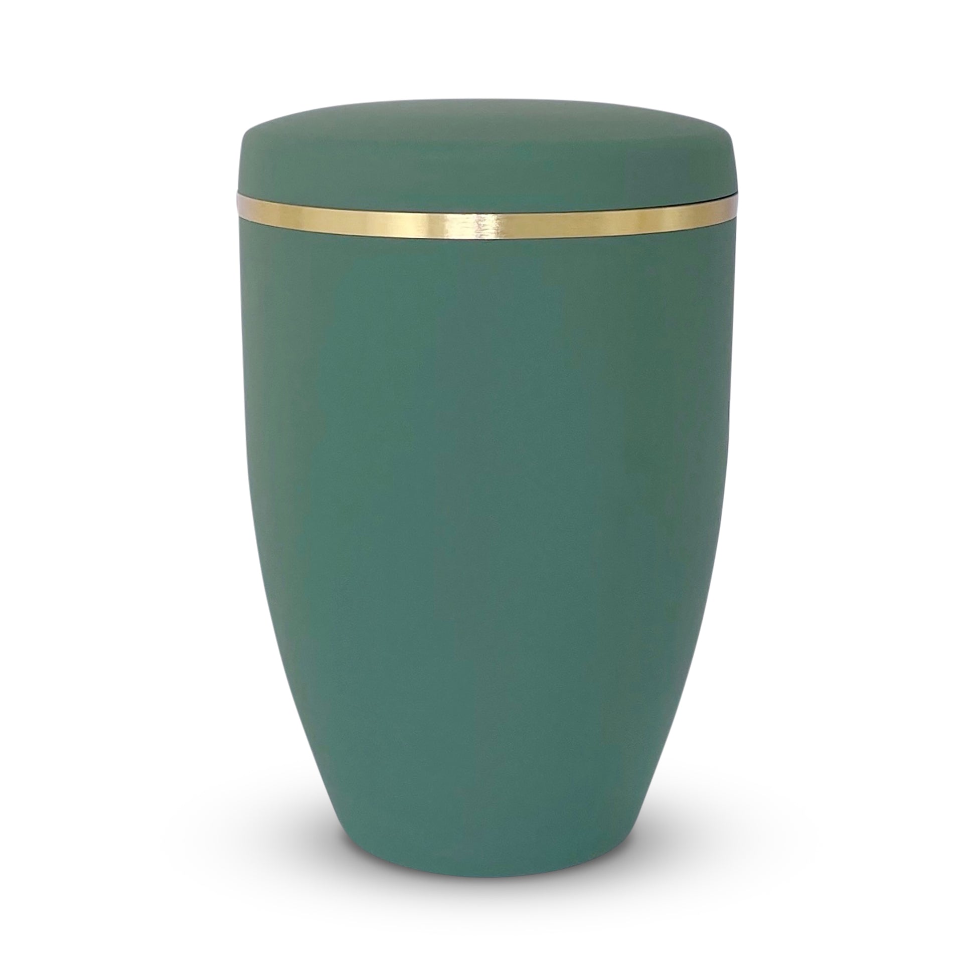 Elegant sage green coloured cremation urn with golden band.