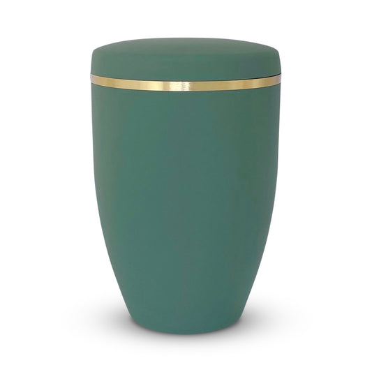 Elegant sage green coloured cremation urn with golden band.