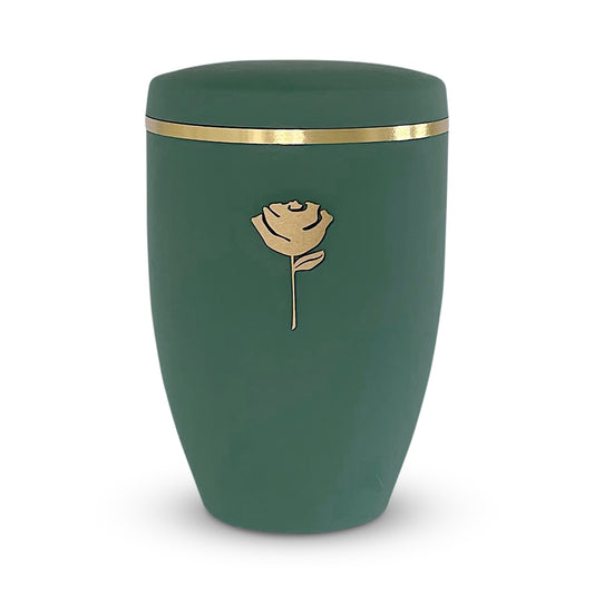 Beautiful sage green coloured funeral urn with a delicate golden rose symbol.
