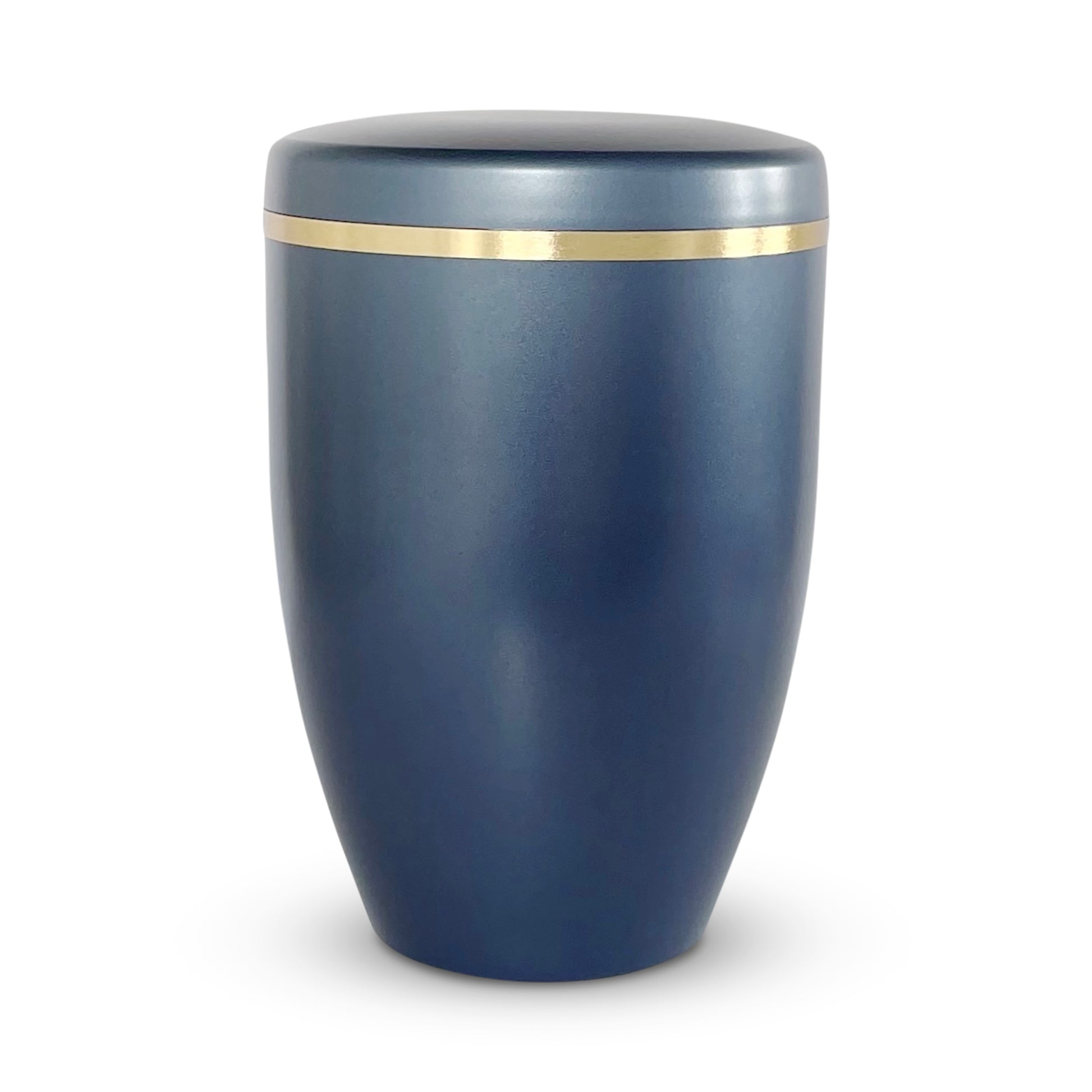 Beautiful soft blue slightly pearlised cremation urn with a delicate golden band.
