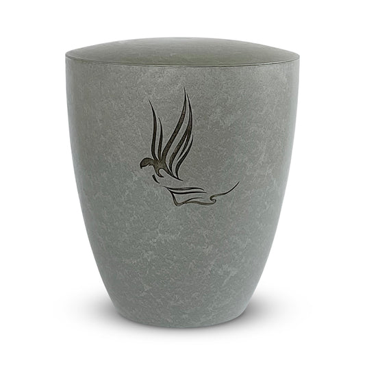Beautiful silver grey funeral urn with an engraved angel.
