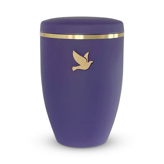 Stunning violet urn with a small golden dove.