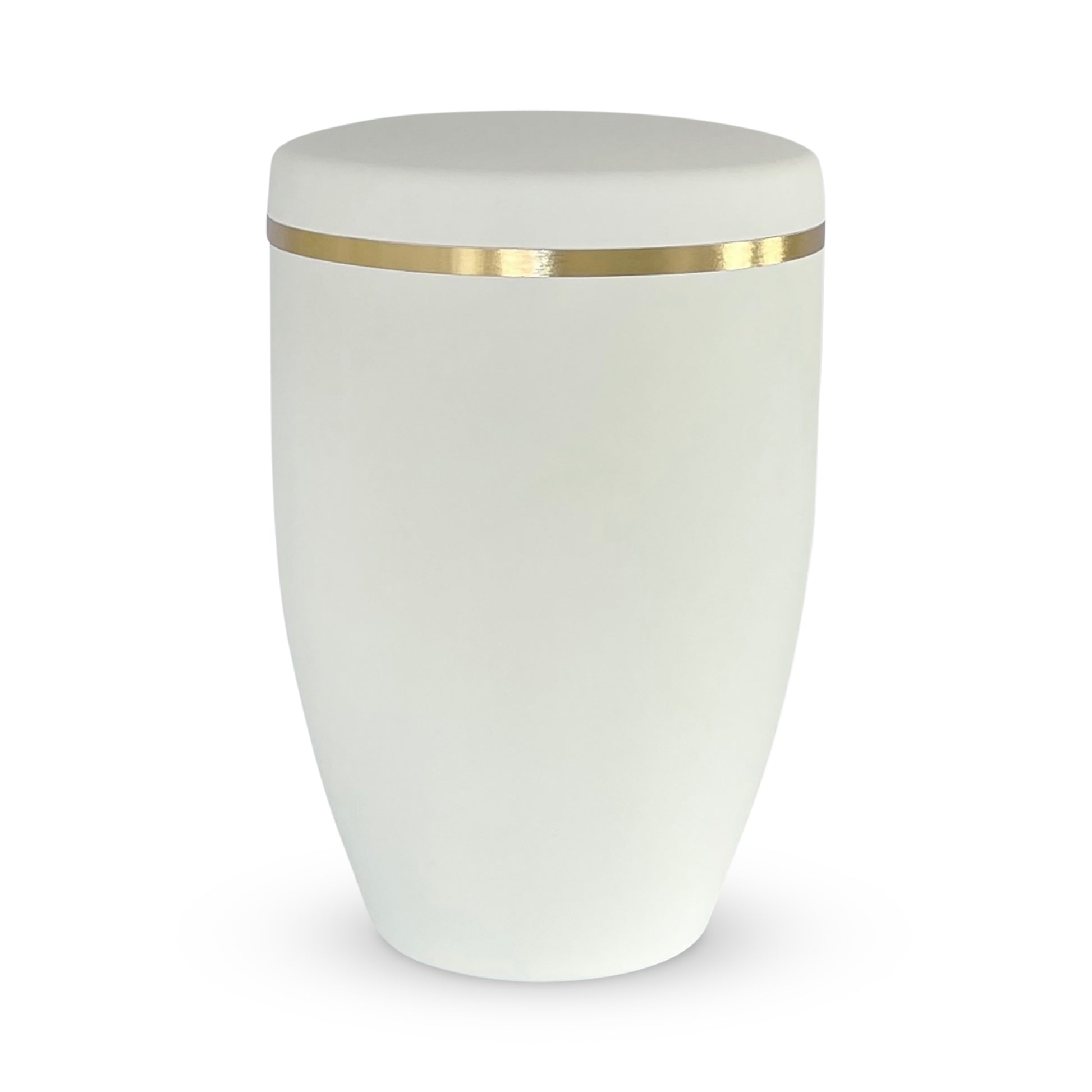 Elegant white cremation urn with a delicate golden band.