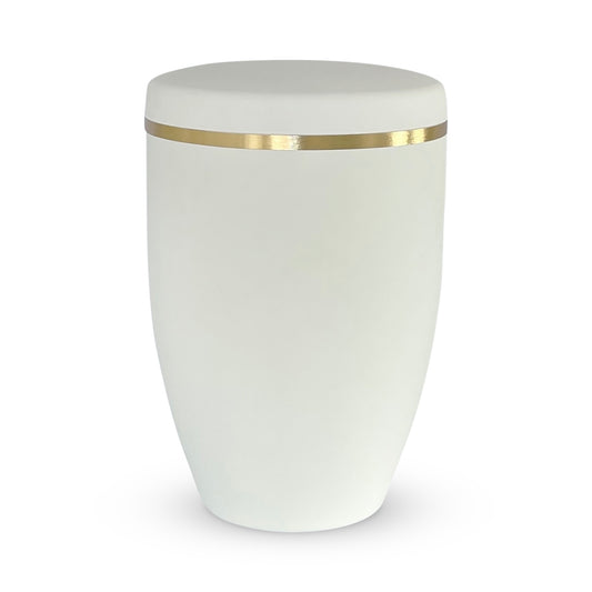 Elegant white cremation urn with a delicate golden band.