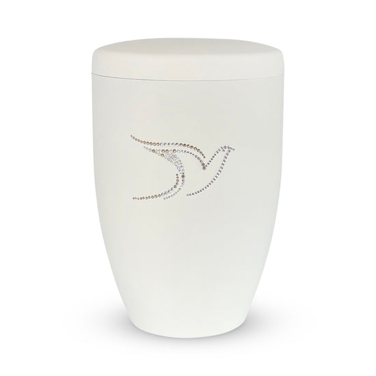 Beautiful white urn for ashes with Swarovsky crystal dove