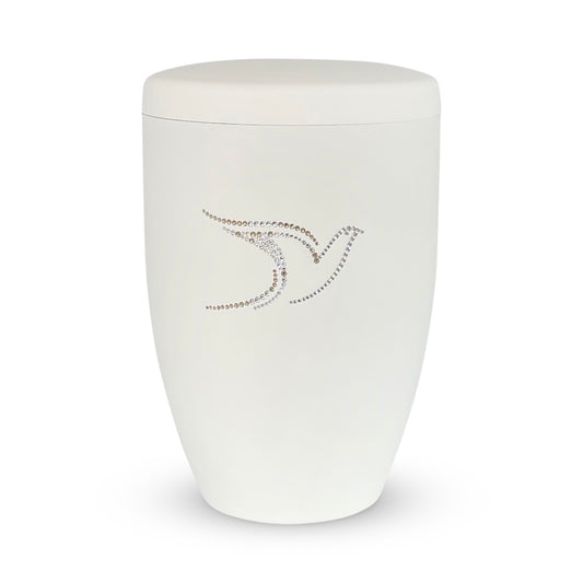 Beautiful white urn for ashes with Swarovsky crystal dove