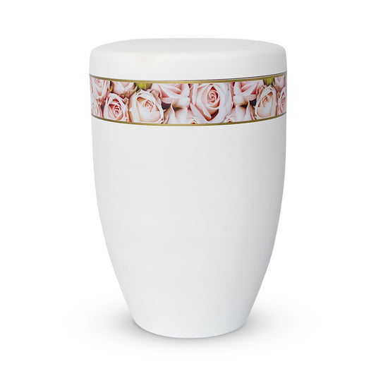 White cremation urn with a beautiful band of light pink delicate roses
