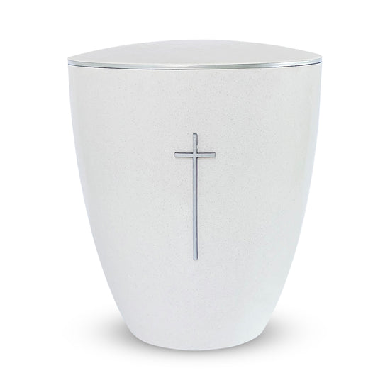 Beautiful off-white urn for ashes with a silver cross and a delicate silver ring around the lid.