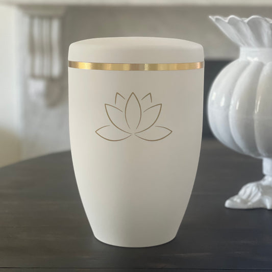 White Urn for Ashes with a golden Lotus Flower