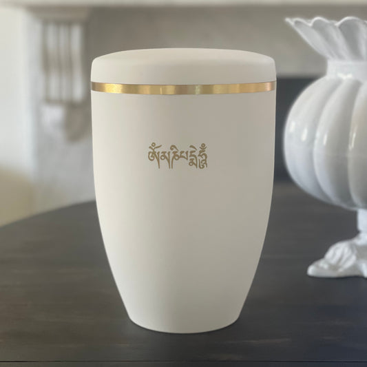 White urn for Ashes with Om Mani Padme Hum Mantra in Tibetan