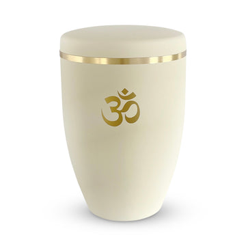 Ivory coloured urn for human ashes with an elegant Om symbol in brushed gold.