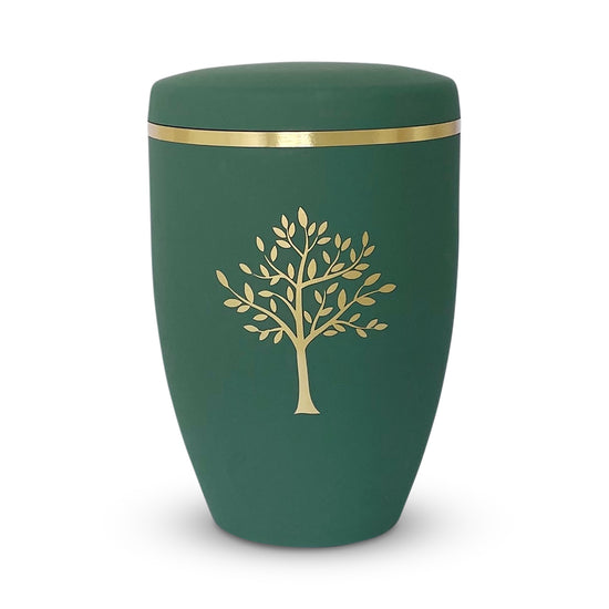 Beautiful sage green urn for ashes with golden tree of life.